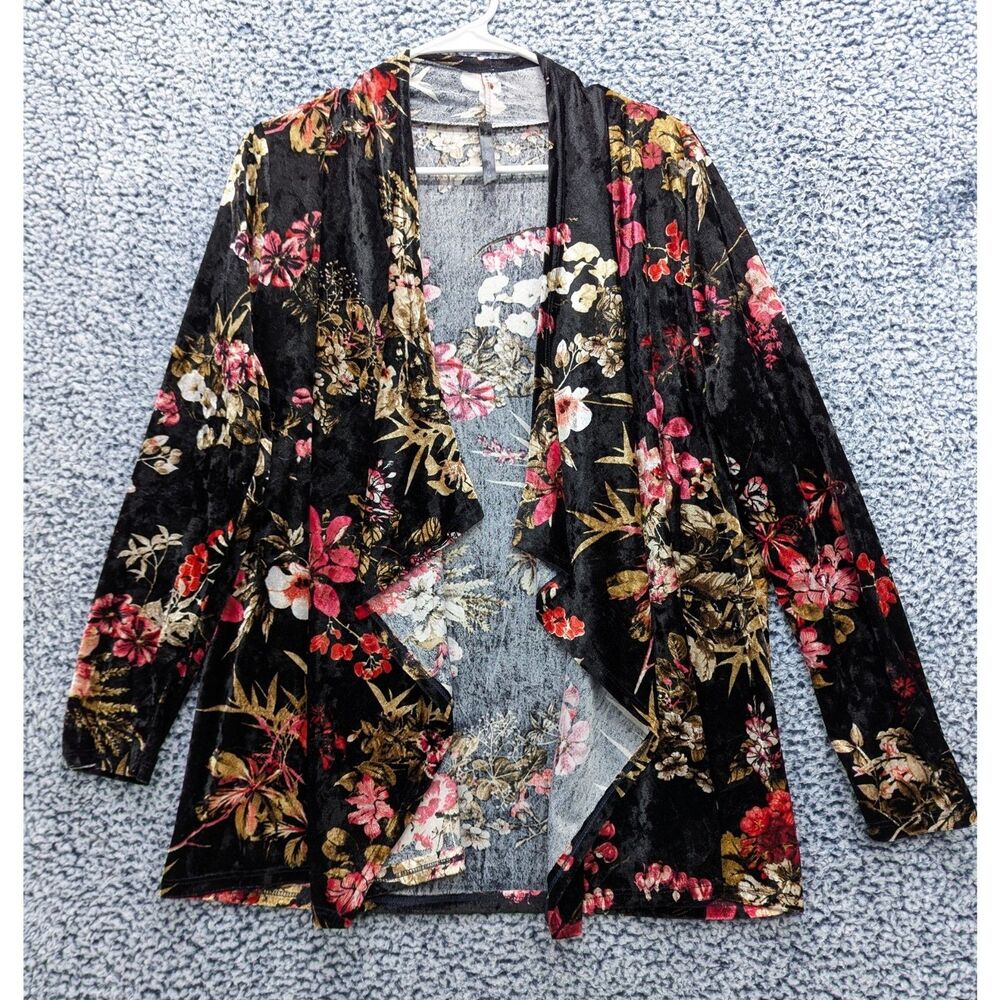 Rags & Couture Crushed Velvet Dark Floral Cardigan Size L Fairy Whimsigoth Black
